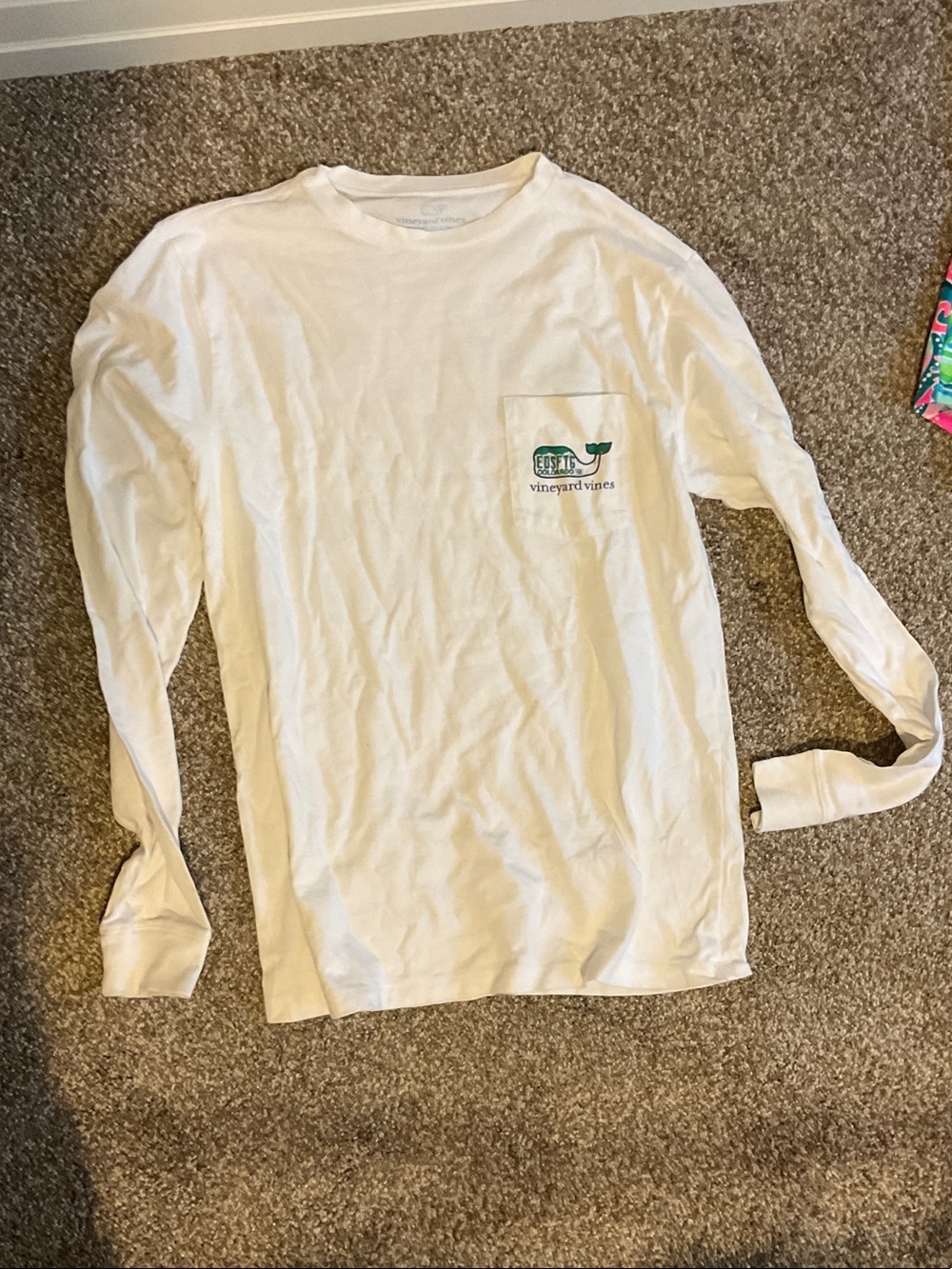 Vineyard Vines White Long Sleeve Pocket Tee with Green Whale Logo